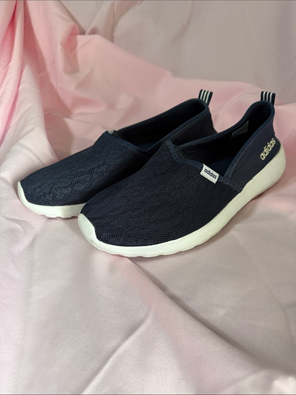 adidas Women Slip-On Knit Sneakers in Navy and White lace pattern women 10